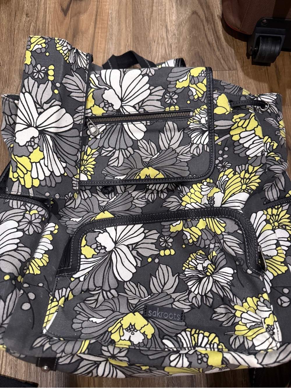 Sakroots Grey, White & Yellow Floral Backpack with matching pencil zipper pouch